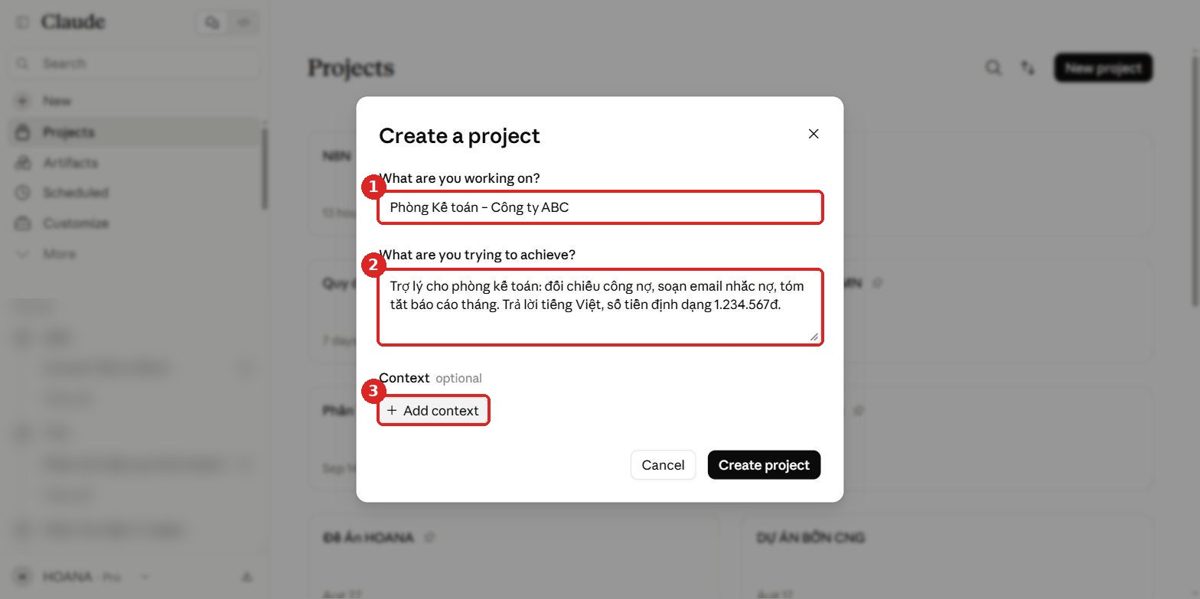 Tạo Project cho phòng kế toán — từng ô được đánh số theo hướng dẫn